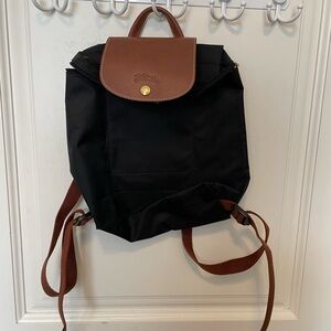 Longchamp Black and Brown Backpack with Leather Trim